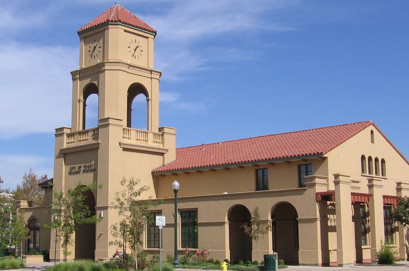 an image of tracy, california showcasing their transit center (bus station) and clock tower